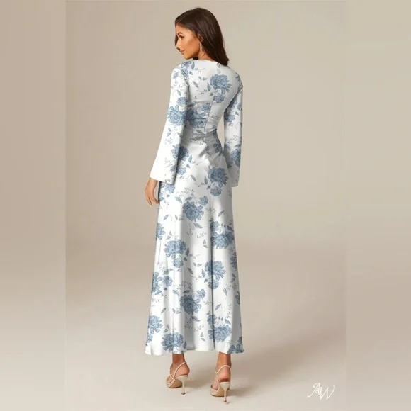 NWOT AW Bridal Elegant Formal Blue and White Floral Long Sleeve Bridesmaid Dress - Picture 2 of 5